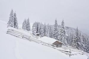 fantástica paisagem de inverno, os degraus que levam à cabana. evento mágico em dia gelado. em antecipação ao feriado. cenas dramáticas. cárpato, ucrânia, europa foto