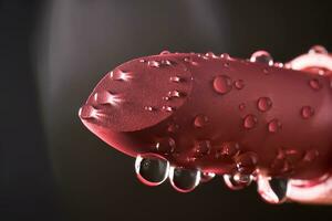 vermelho batom com água gotas em uma Sombrio fundo. foto