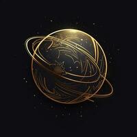 ai gerado esboçado logotipo apresentando uma planeta dentro ouro em uma Preto fundo. generativo ai foto