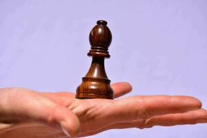 uma pequeno de madeira xadrez peça em uma mão foto