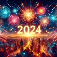ai gerado feliz Novo ano 2024 com uma lindo fogos de artifício fundo foto