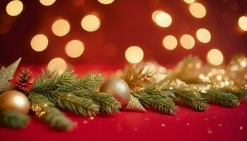 ai gerado Natal decoração fronteira com abeto galhos e dourado brilhar confete e brilhos do luzes borrão bokeh em vermelho fundo. brilhante Natal e Novo ano foto