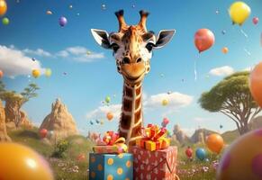 ai gerado feliz aniversário girafa, foto