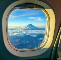 ai gerado Visão do a montar montanha a partir de a janela do a avião foto