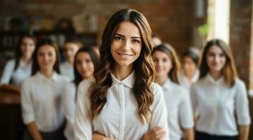 ai gerado jovem escola professor sorrir dentro frente do alunos foto