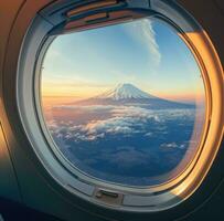 ai gerado Visão do a montar montanha a partir de a janela do a avião foto