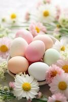 ai gerado uma lindo tiro do de cor pastel Páscoa ovos arranjado em uma cama do flores, foto