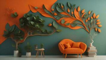 ai gerado interior do moderno vivo quarto com laranja cadeirão, plantas e decorativo elementos. generativo ai foto