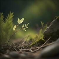 ai gerado pequeno verde plantar crescendo dentro a meio do a floresta com borrado fundo. generativo ai foto