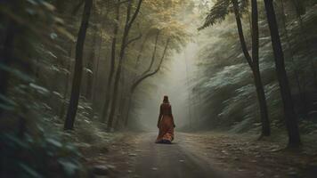 ai gerado uma monge dentro uma capa de chuva anda em em uma caminho dentro a floresta. generativo ai foto