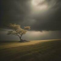 ai gerado solitário árvore dentro a meio do a deserto com tormentoso céu. generativo ai foto