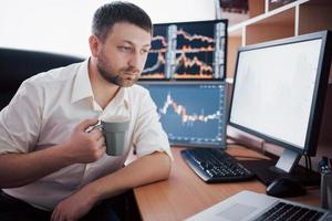 o corretor da bolsa em camisa está trabalhando em uma sala de monitoramento com telas de exibição. conceito gráfico de finanças de forex de negociação de bolsa de valores. empresários negociando ações online foto