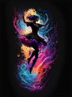 ai gerado dançando mulher nebulosa galáxia, Sombrio fundo, na moda colorida gradiente, ai gerado foto