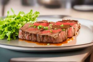 ai gerado cenário do carne bife em a mesa, parece delicioso e tentador. ai gerado foto