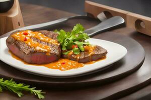 ai gerado cenário do carne bife em a mesa, parece delicioso e tentador. ai gerado foto