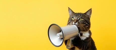 ai gerado gato anunciando usando megafone. notificando, aviso, anúncio. foto