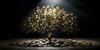 ai gerado ouro árvore crescendo Fora do moedas em uma Sombrio fundo foto