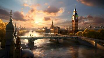 ai gerado grande ben e Westminster ponte às pôr do sol, Londres, Inglaterra, Reino Unido foto