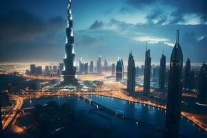 ai gerado aéreo Visão do dubai cidade Horizonte às noite, Unidos árabe Emirados foto