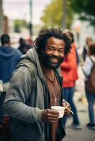 ai gerado uma sem teto africano americano homem come às uma rua cantina para a pobre. foto