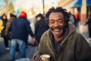 ai gerado uma sem teto africano americano homem come às uma rua cantina para a pobre. foto