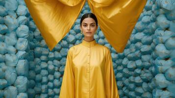 ai gerado fêmea modelo dentro amarelo vestido foto