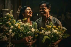 ai gerado uma jovem casal sorridente e segurando flores juntos foto