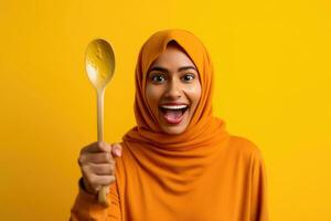 ai gerado sorridente mulher segurando uma de madeira colher foto