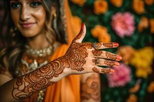 ai gerado tradicional hena tatuagem em uma mulher mão foto