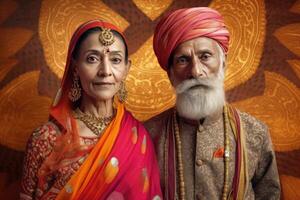 ai gerado a idosos indiano casal vestindo tradicional roupas, possivelmente uma xaile e turbante. foto