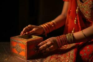 ai gerado uma mulher dentro tradicional indiano vestuário abertura uma decorado com ouro caixa. foto