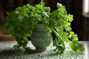 ai gerado fresco verde ervas dentro uma decorativo vaso foto