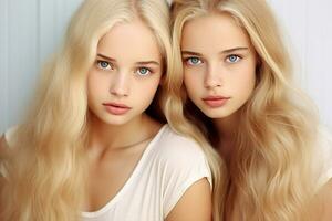 ai gerado gêmeo meninas com azul olhos, Loiras adolescentes foto