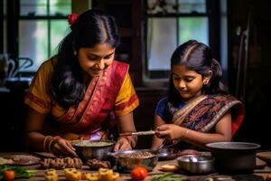 ai gerado uma mãe e filha cozinhando juntos dentro a cozinha foto