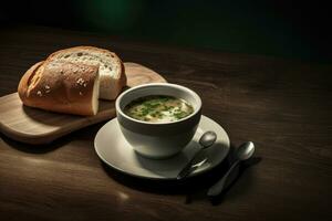 ai gerado recentemente cozido pão e caloroso sopa, servido com uma colher foto