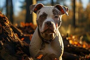 ai gerado americano buldogue em uma natureza, fechar acima foto, neutro claro. ai arte foto