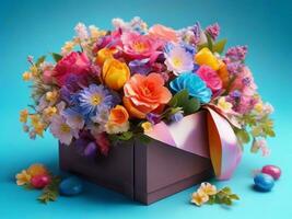 ai gerado flores definir. lindo luxo ramalhete dentro a caixa. a trabalhos do a florista às uma flor fazer compras. foto