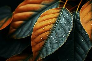 ai gerado sazonal charme lindo outono folhas fechar acima, adornado com água gotas foto