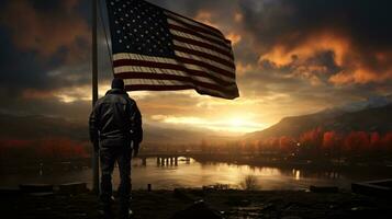 ai gerado nos exército respeitos dentro frente do uma navio com a americano bandeira dentro silhueta panorama foto
