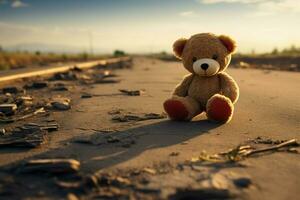 ai gerado deserta alegria quebrado Urso brinquedo em uma estrada, uma triste fundo foto