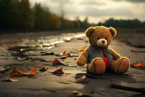 ai gerado esquecido companheiro sozinho, quebrado Urso brinquedo em uma melancólico fundo foto