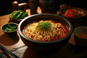 ai gerado delicioso ramen em Sombrio superfície foto