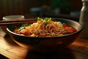 ai gerado delicioso ramen em Sombrio superfície foto