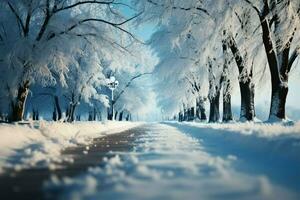 ai gerado inverno encantamento Nevado estrada, árvore, natal, Novo ano gráfico arte foto