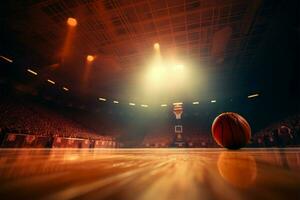 ai gerado basquetebol arena de madeira tribunal, aro, e jogadoras dentro intenso torneio açao foto