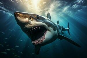 ai gerado predatório destreza ótimo predador Tubarão natação dentro perigoso embaixo da agua profundidades foto