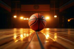 ai gerado aros intensidade basquetebol torneio em uma texturizado madeira quadra fundo foto