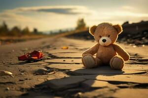 ai gerado deserta alegria quebrado Urso brinquedo em uma estrada, uma triste fundo foto