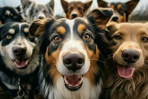 ai gerado canino capturar grupo do cachorros leva uma alegre selfie juntos foto