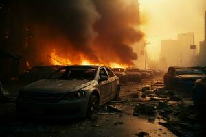 ai gerado cidade emergência rua acidente, fumaça, carro destruição, emergência veículo resposta foto